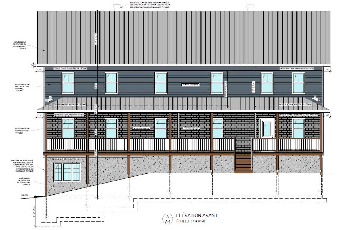 maison-ajout-etage-apres Élévation avant d'une maison unifamiliale après l'ajout d’un étage, plan personnalisé réalisé par Architecture MBTP