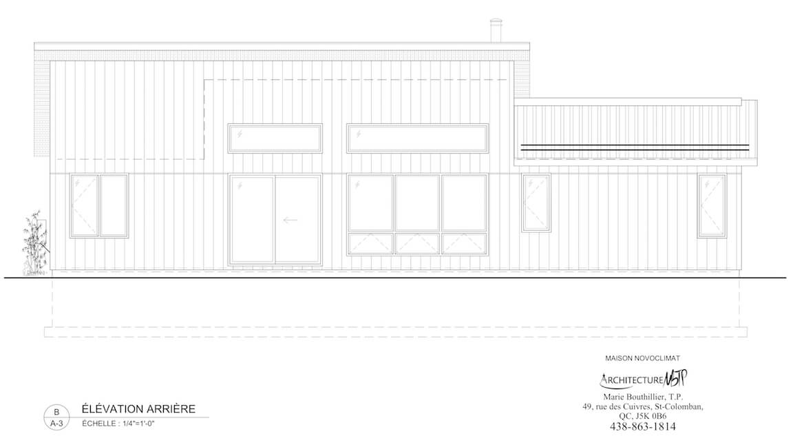 maison-construction neuve-magog-elevation Élévation arrière d'une maison unifamiliale NOVOCLIMAT, plan personnalisé réalisé par Architecture MBTP